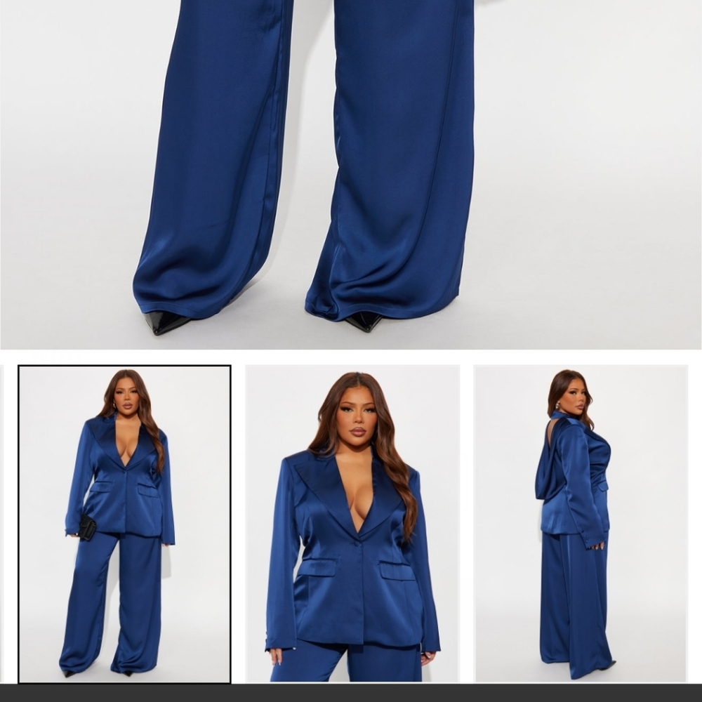 BLAIRE OPEN BACK SATIN PANTS SUIT SET- NAVY BLUE- SIZE 2X-